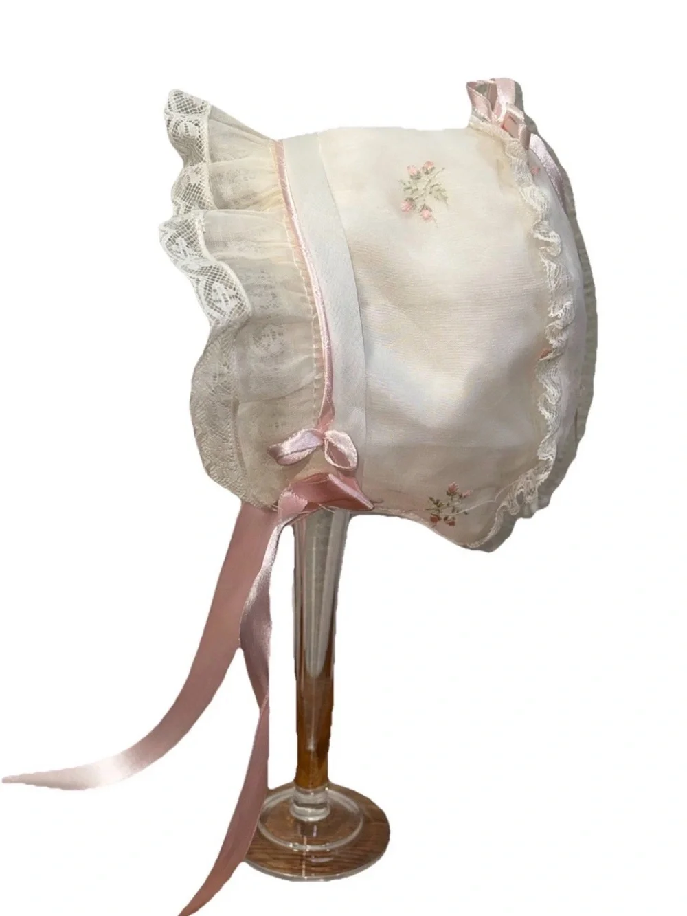 Vintage MCM 1952 Salkin & Linoff Sheer Ivory with Embroidery Baby Bonnet